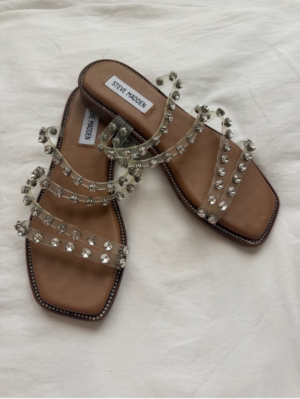 Steve Madden Tan Slide Sandals with Clear Crystal Straps